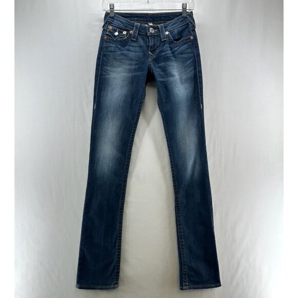 True Religion Slim Straight Jeans Womens 26  Low Rise Flap Pockets Stretch Blue - Picture 1 of 13